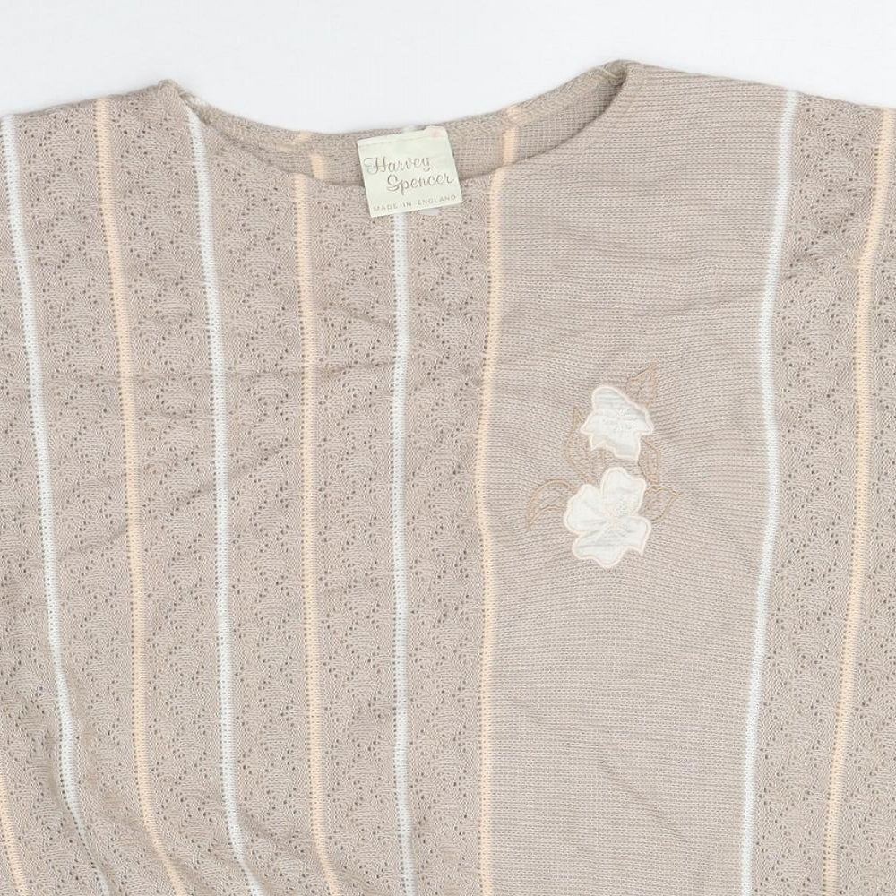 Harvey Spencer Womens Beige Striped Polyester Basic T-Shirt Size 14 Round Neck