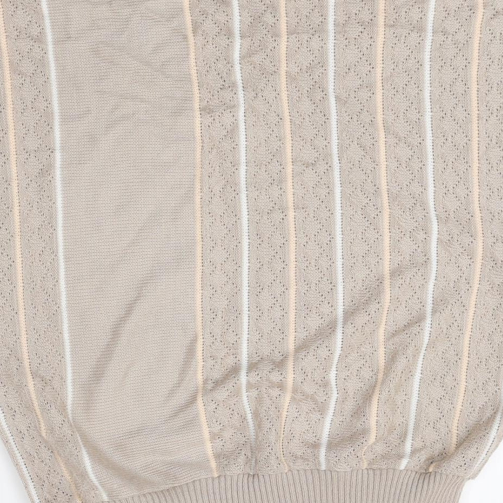 Harvey Spencer Womens Beige Striped Polyester Basic T-Shirt Size 14 Round Neck