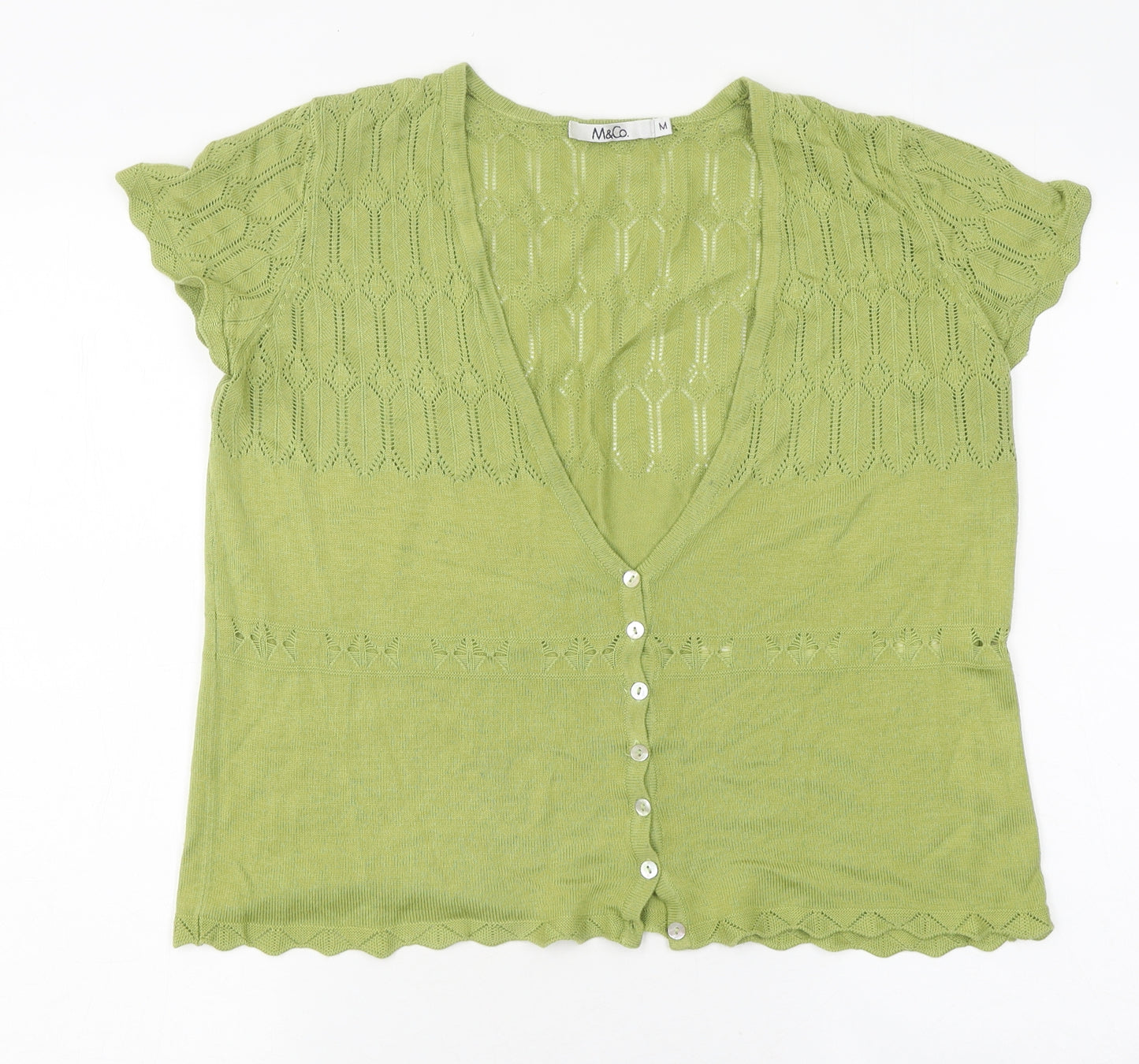 M&Co Womens Green Polyester Basic Button-Up Size M V-Neck