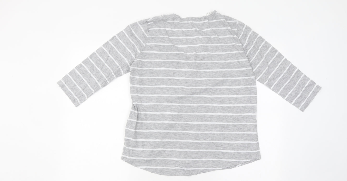 Papaya Womens Grey Striped Polyester Basic T-Shirt Size 14 Round Neck