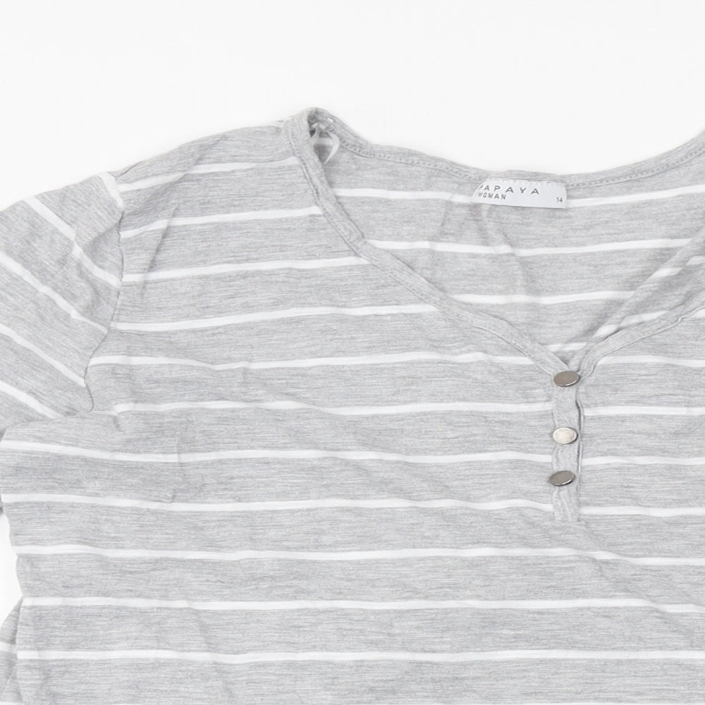 Papaya Womens Grey Striped Polyester Basic T-Shirt Size 14 Round Neck
