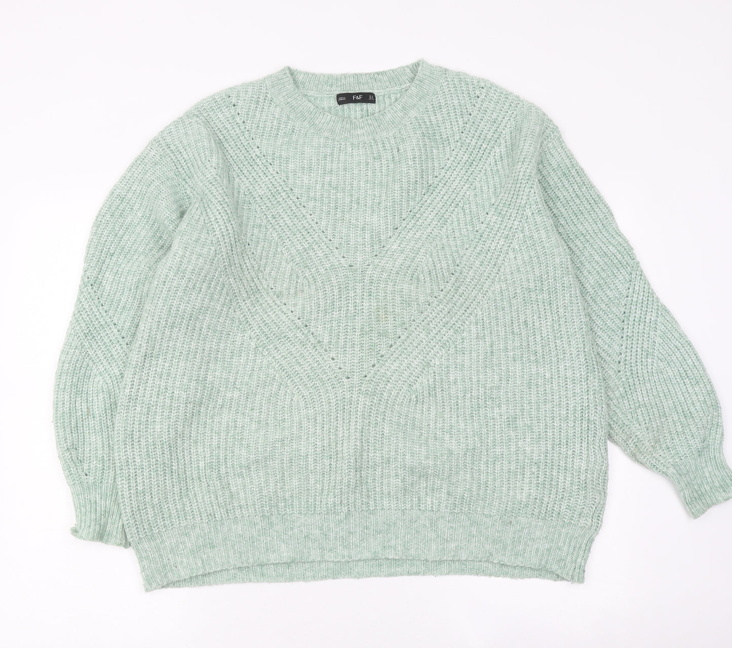 F&F Womens Green Round Neck Polyester Pullover Jumper Size 12