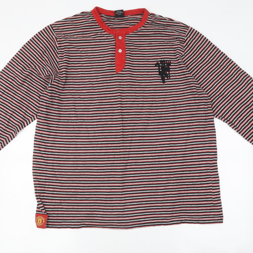 Manchester United Mens Multicoloured Striped Polyester Button-Up Size XL Round Neck Button