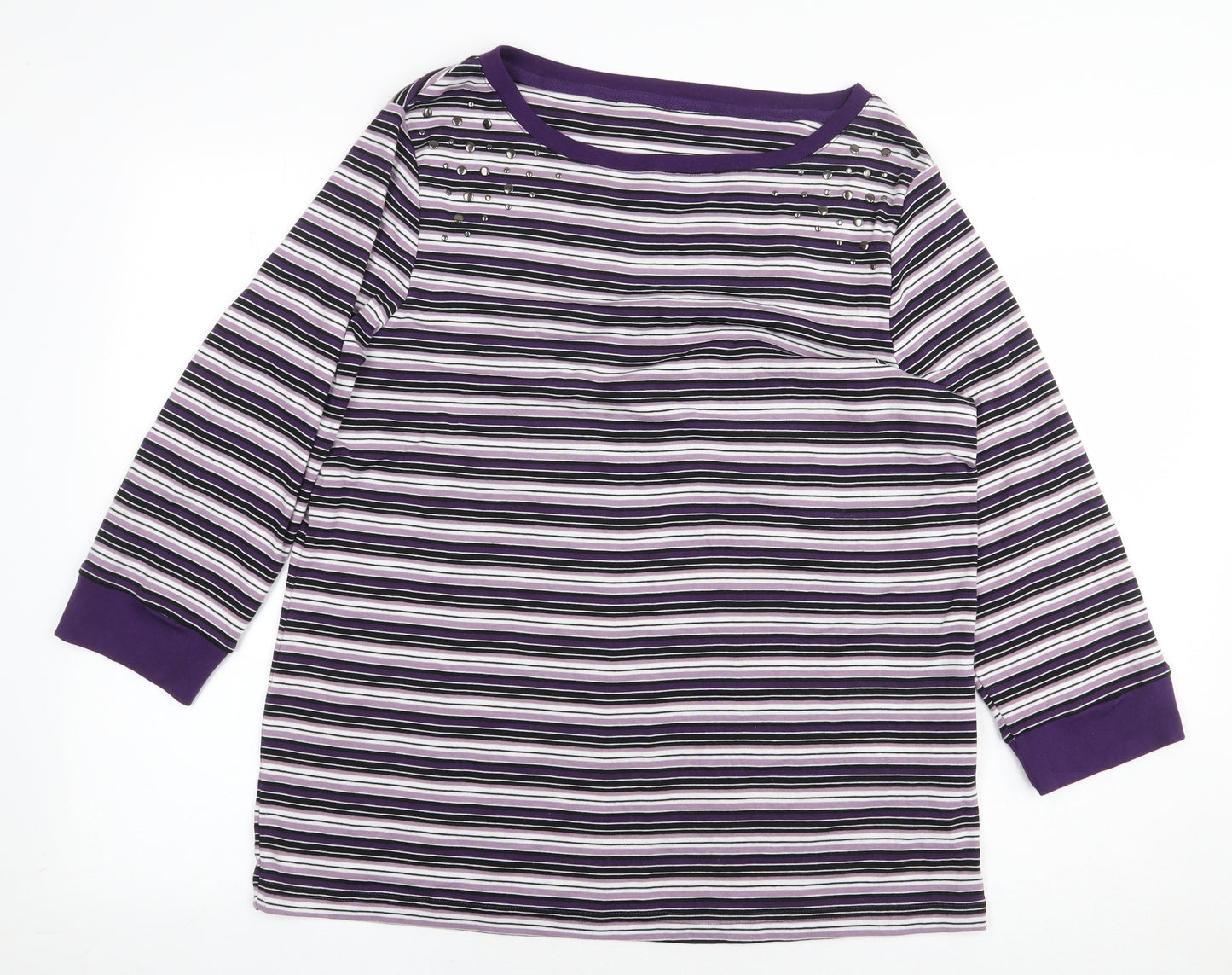 Preworn Womens Purple Striped Polyester Basic T-Shirt Size L Round Neck
