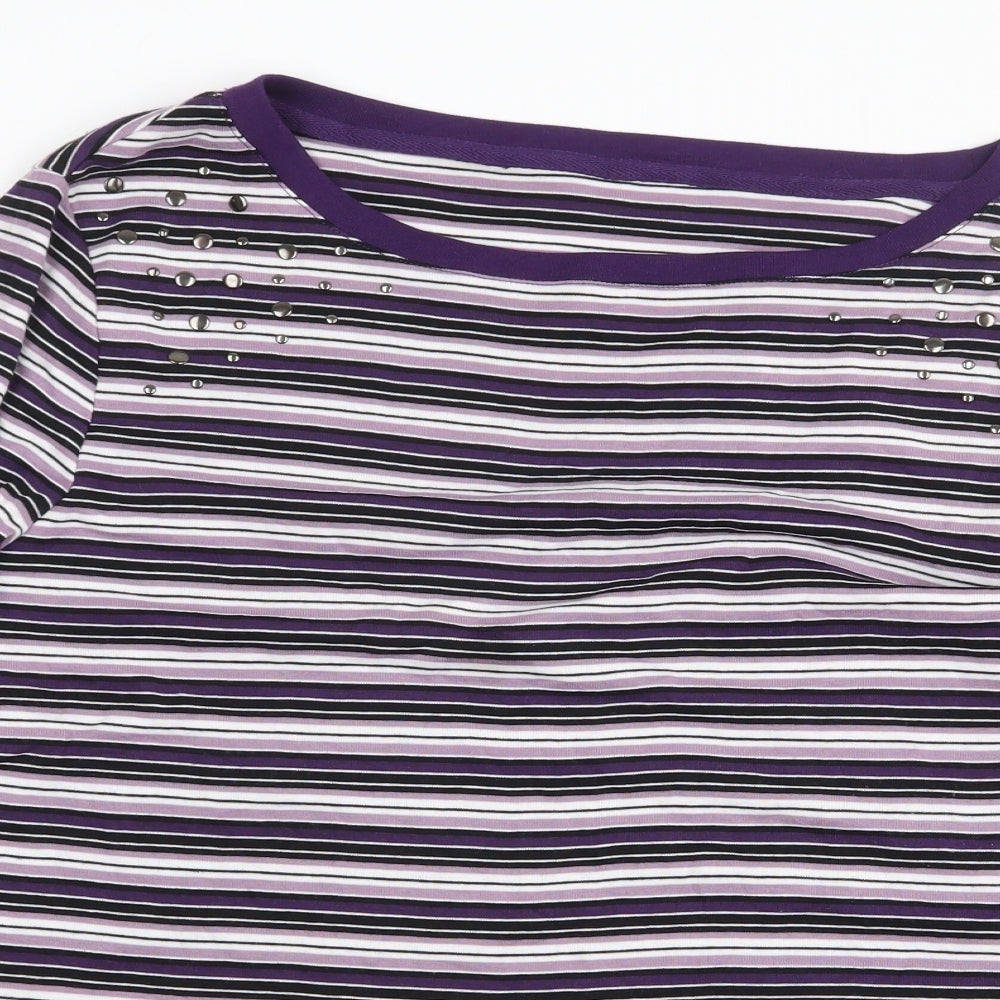 Preworn Womens Purple Striped Polyester Basic T-Shirt Size L Round Neck