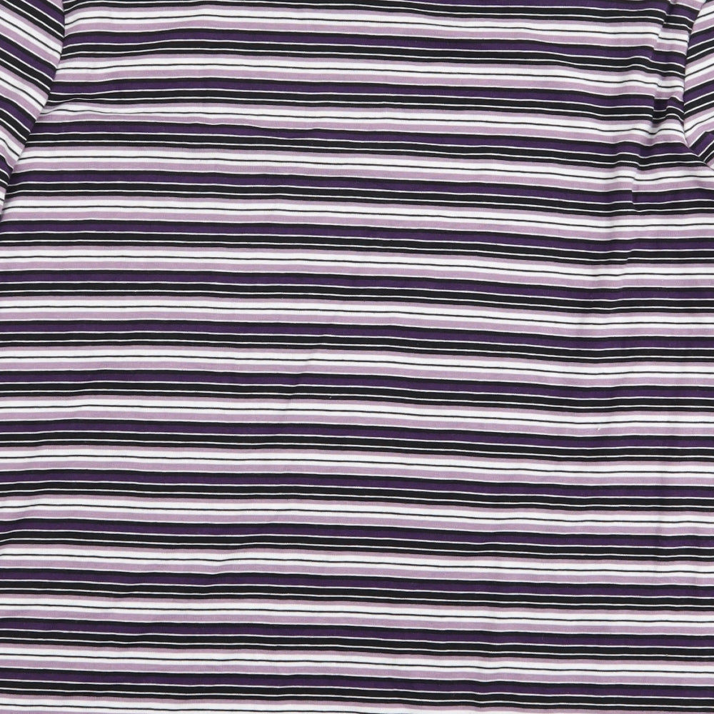 Preworn Womens Purple Striped Polyester Basic T-Shirt Size L Round Neck