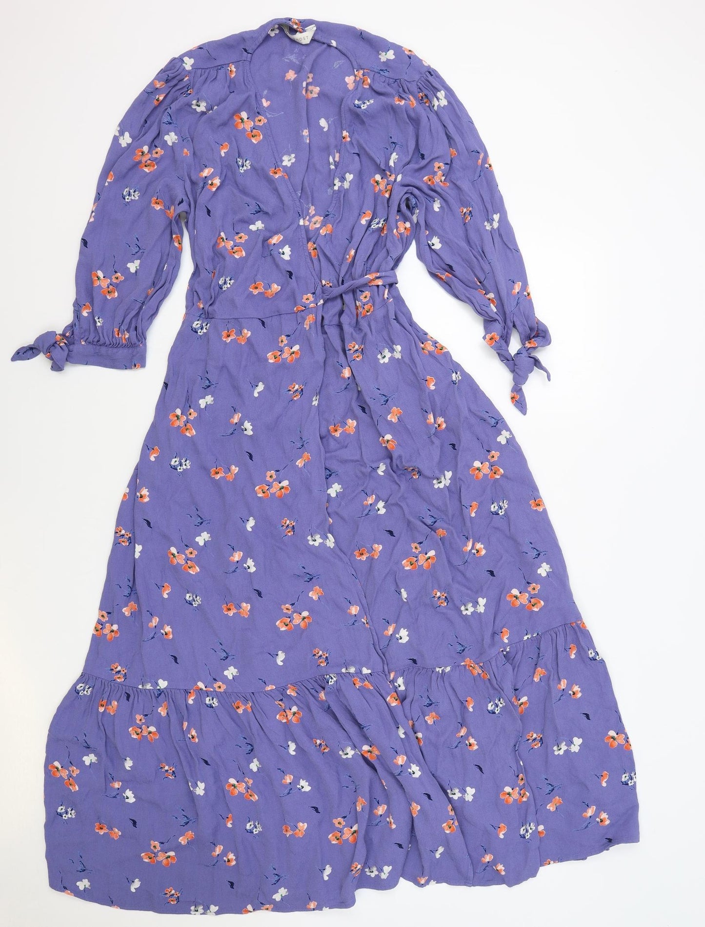 Marks and Spencer Womens Blue Floral Polyester Wrap Dress Size 14 V-Neck Tie