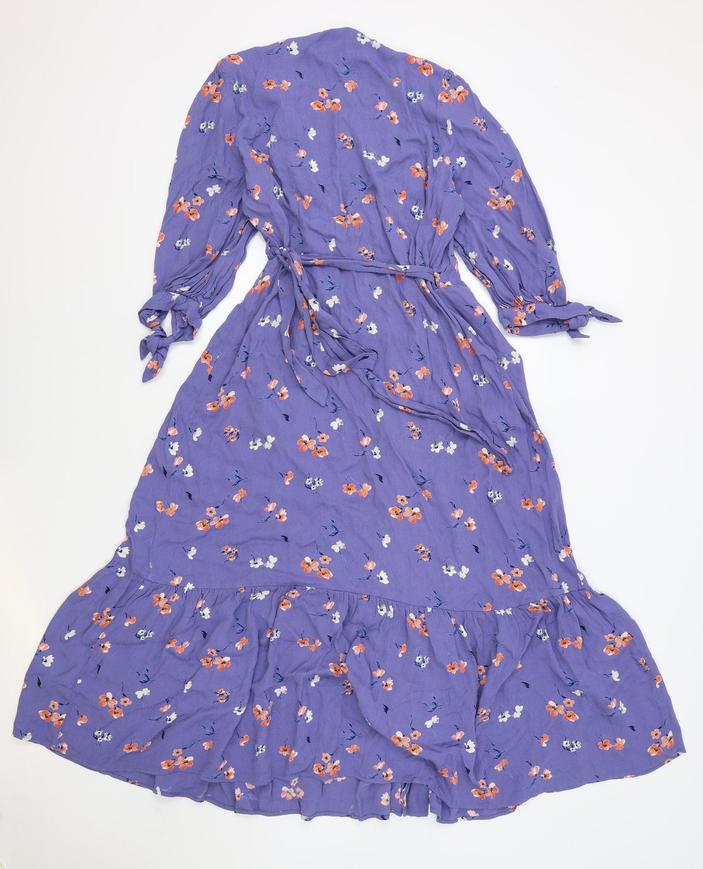 Marks and Spencer Womens Blue Floral Polyester Wrap Dress Size 14 V-Neck Tie