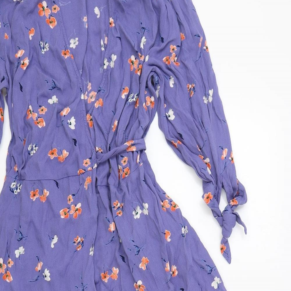 Marks and Spencer Womens Blue Floral Polyester Wrap Dress Size 14 V-Neck Tie