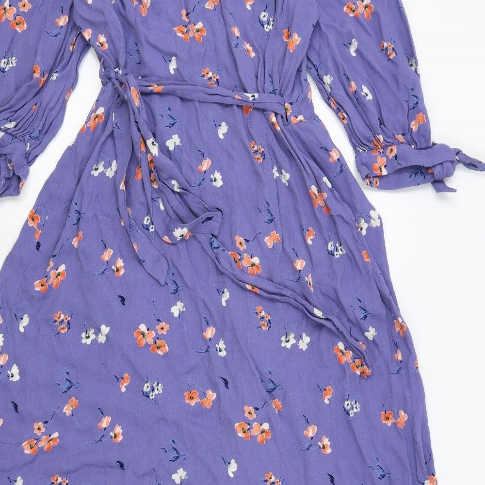 Marks and Spencer Womens Blue Floral Polyester Wrap Dress Size 14 V-Neck Tie