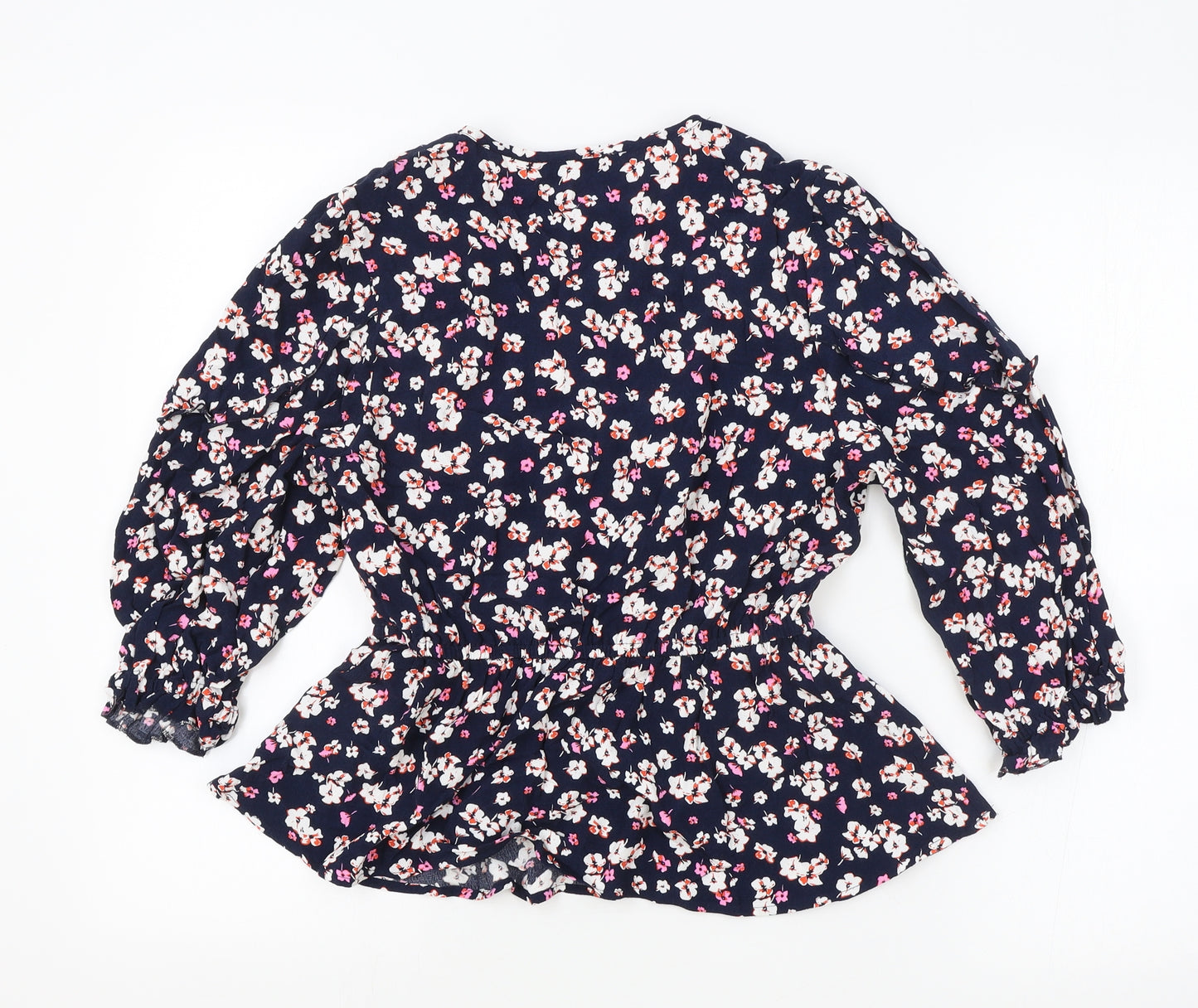 Marks and Spencer Womens Blue Floral Viscose Basic Blouse Size 10 Round Neck