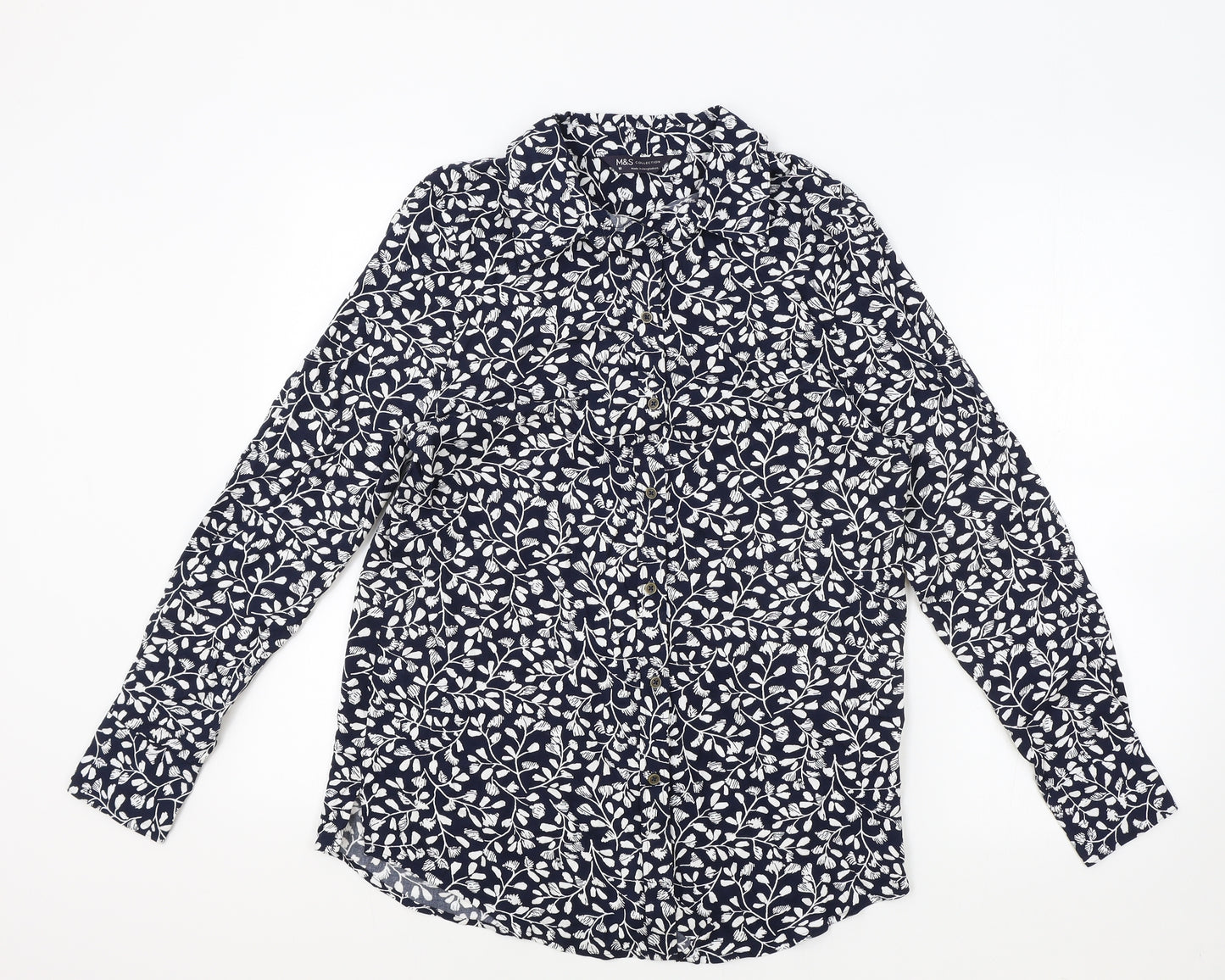 Marks and Spencer Womens Blue Floral Viscose Basic Button-Up Size 10 Collared