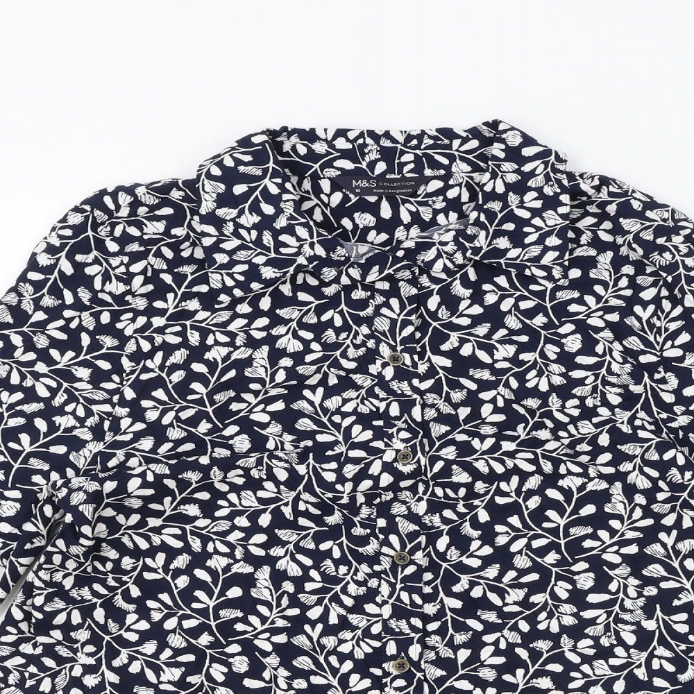 Marks and Spencer Womens Blue Floral Viscose Basic Button-Up Size 10 Collared
