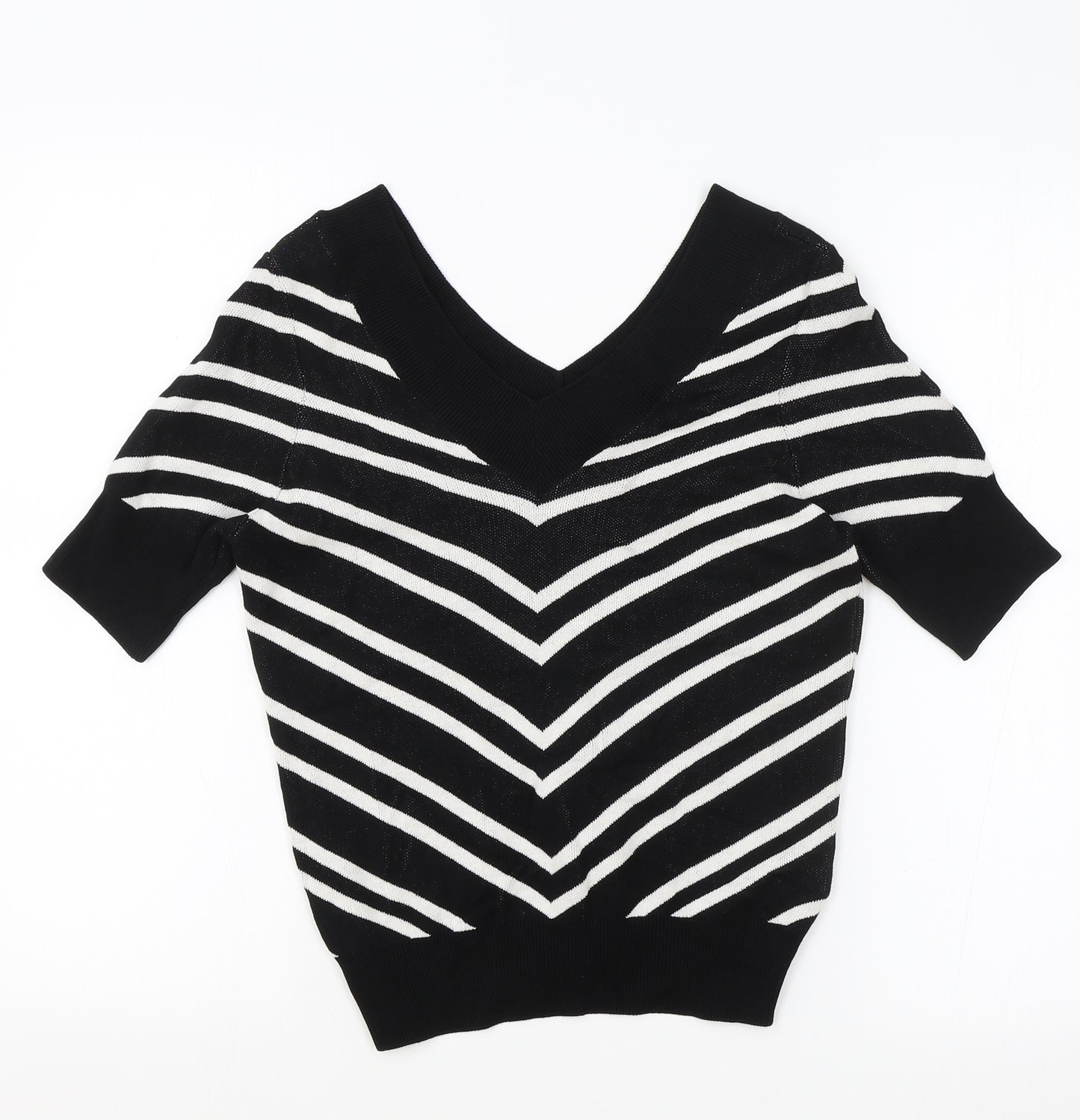 Marks and Spencer Womens Black V-Neck Striped Viscose Pullover Jumper Size 10