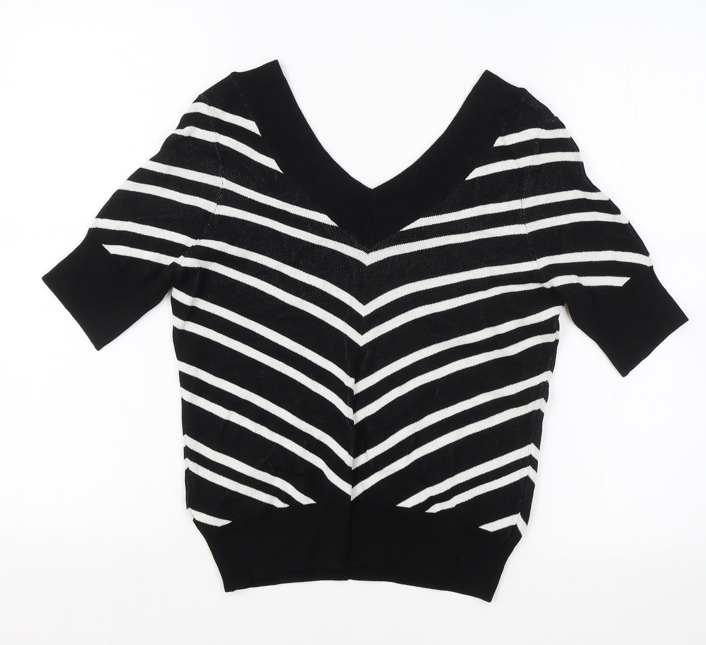 Marks and Spencer Womens Black V-Neck Striped Viscose Pullover Jumper Size 10