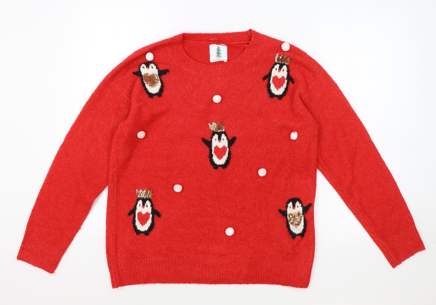 George Womens Red Round Neck Geometric Polyester Pullover Jumper Size M - Christmas Pompom