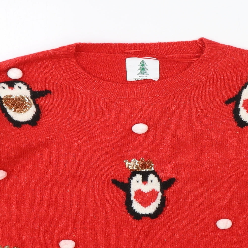 George Womens Red Round Neck Geometric Polyester Pullover Jumper Size M - Christmas Pompom