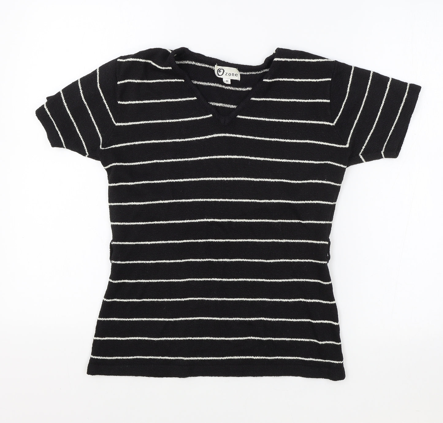 Zone Womens Black Striped Acrylic Basic T-Shirt Size M V-Neck