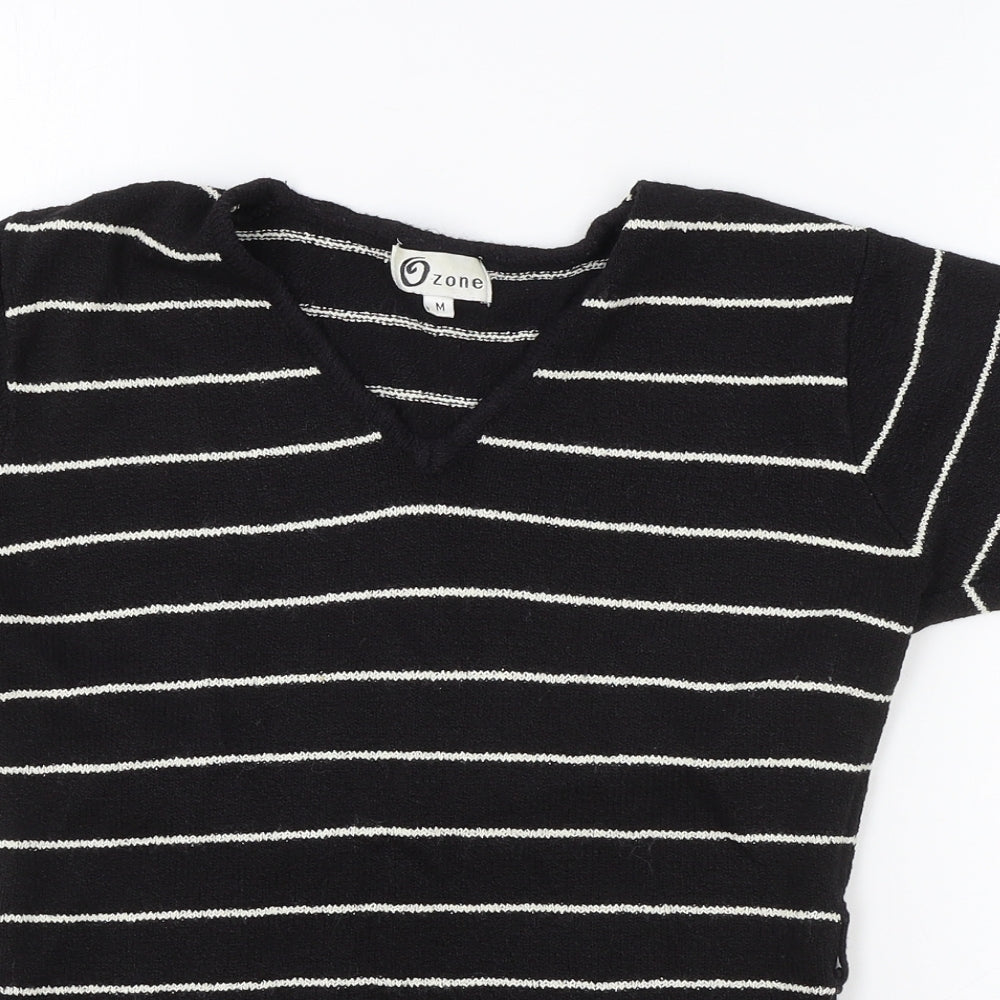 Zone Womens Black Striped Acrylic Basic T-Shirt Size M V-Neck