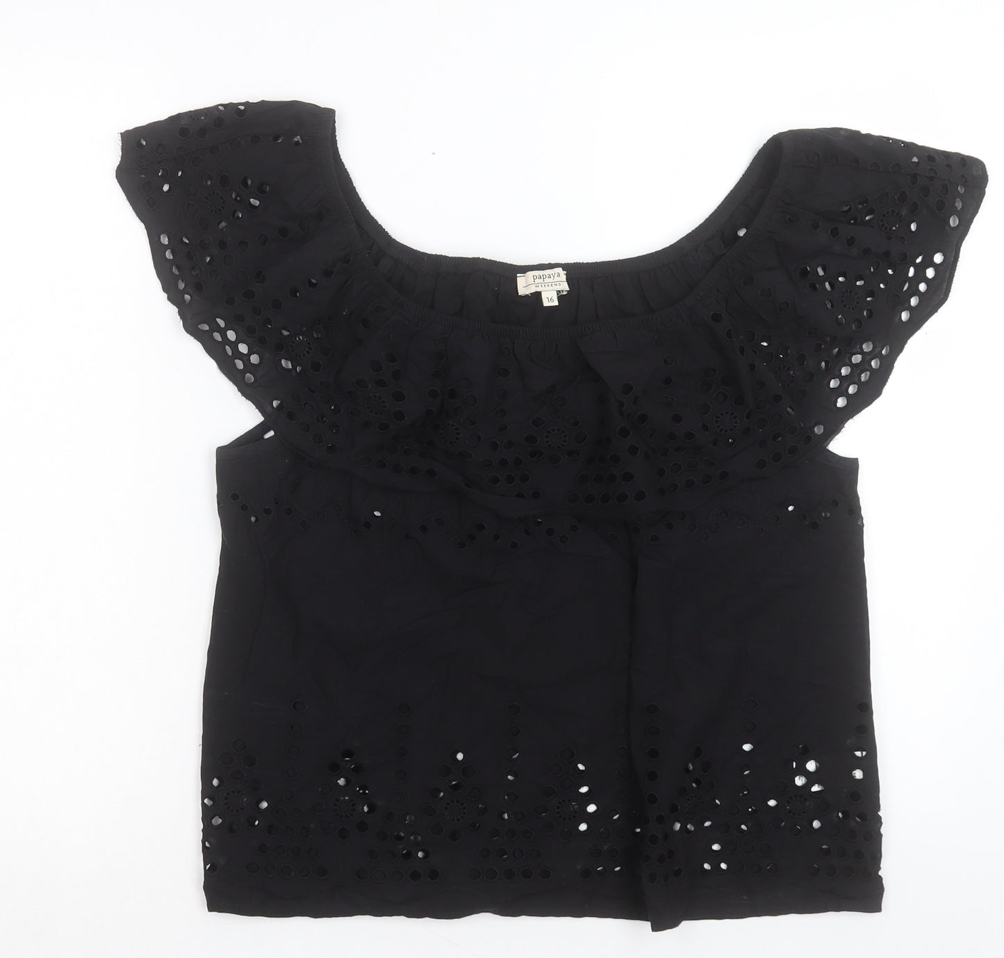 Papaya Womens Black Cotton Basic T-Shirt Size 16 Off the Shoulder