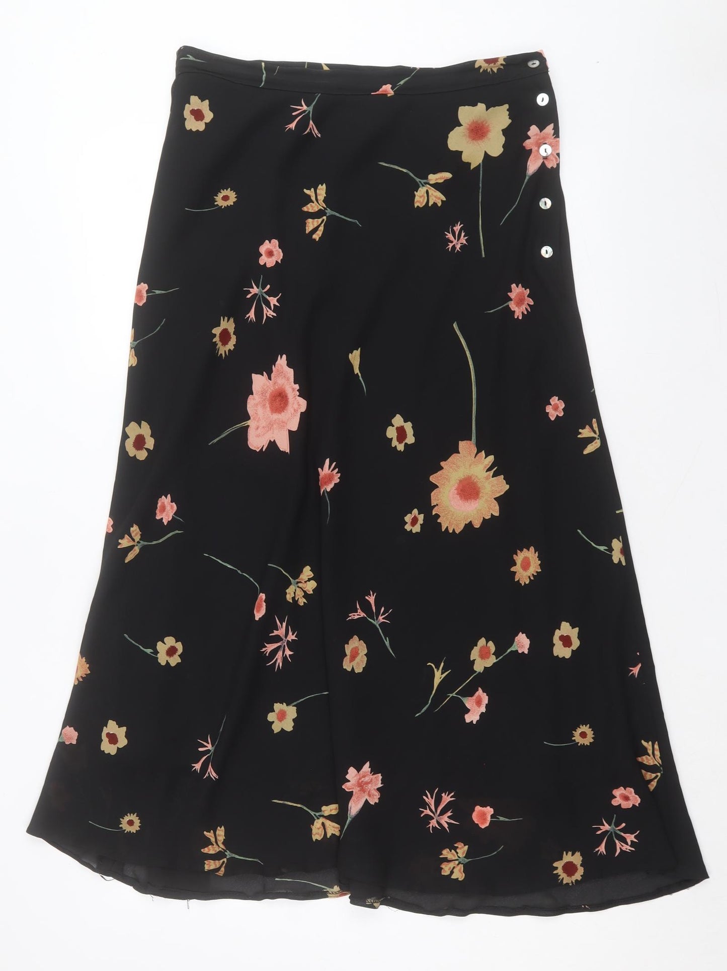 Wallis Womens Black Floral Polyester A-Line Skirt Size 14 Button