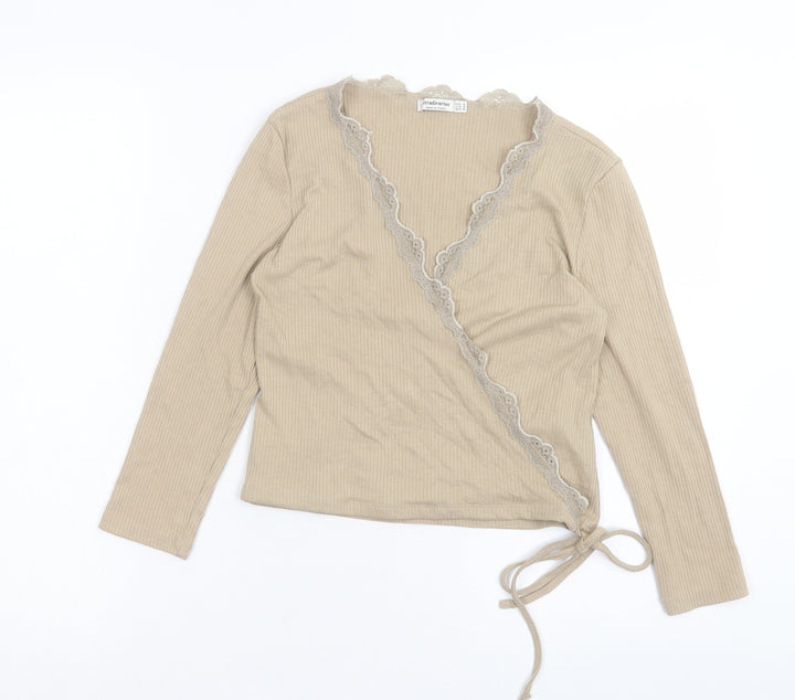Stradivarius Womens Beige Polyester Wrap Blouse Size M V-Neck - Lace Trim