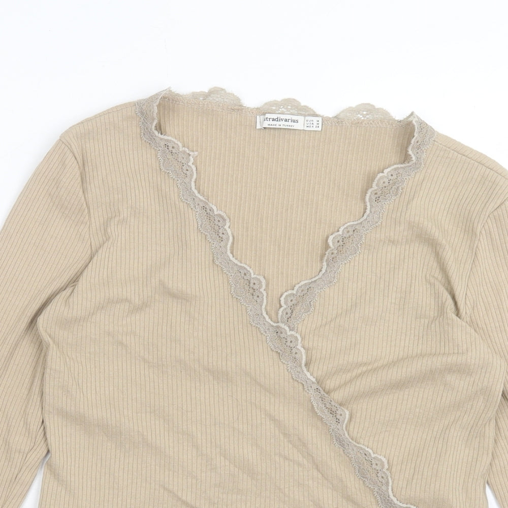 Stradivarius Womens Beige Polyester Wrap Blouse Size M V-Neck - Lace Trim