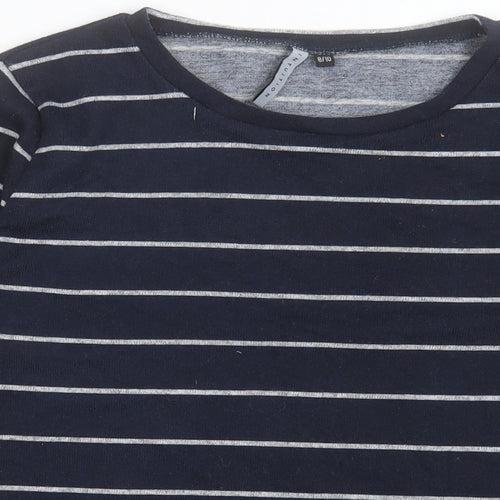 INTUITION Womens Blue Striped Polyester Basic T-Shirt Size 8 Crew Neck
