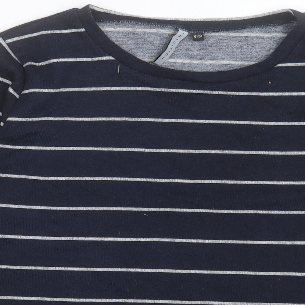 INTUITION Womens Blue Striped Polyester Basic T-Shirt Size 8 Crew Neck