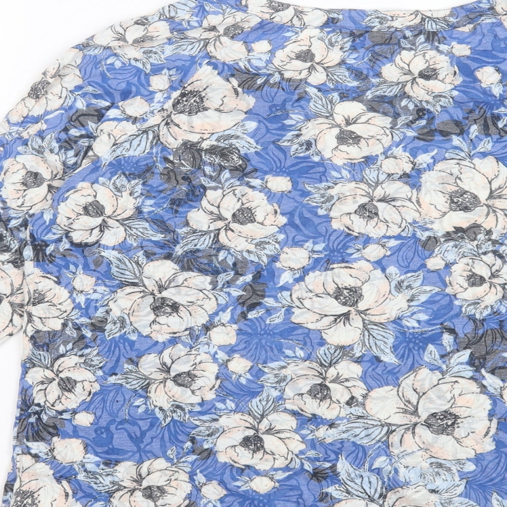 Nutmeg Womens Blue Floral Polyester Basic Button-Up Size 14 V-Neck