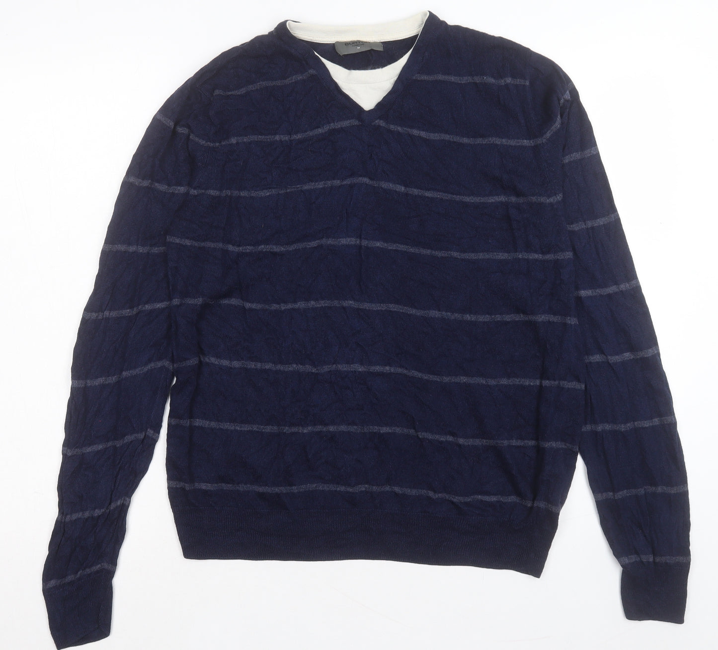 Burton Mens Blue V-Neck Striped Acrylic Pullover Jumper Size M