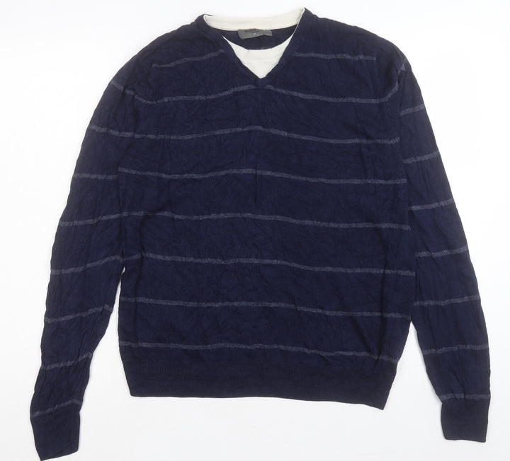 Burton Mens Blue V-Neck Striped Acrylic Pullover Jumper Size M