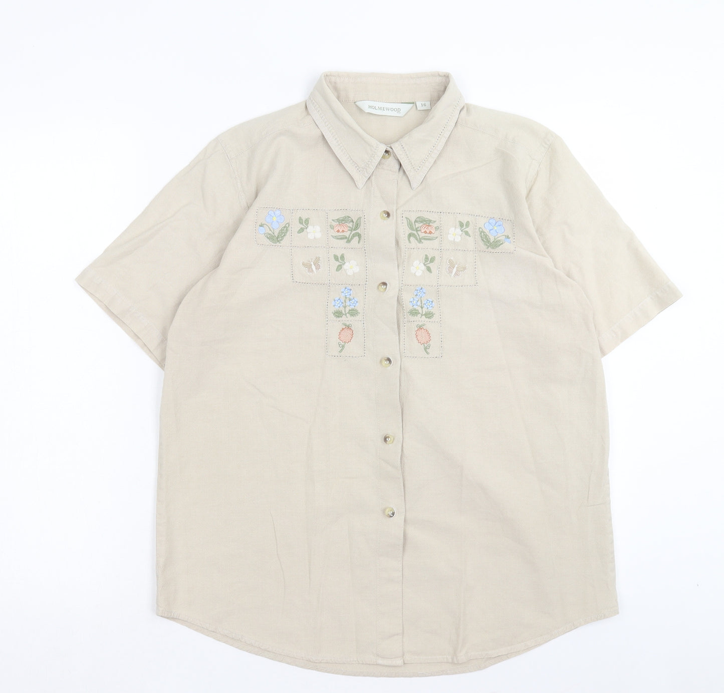 Holmewood Womens Beige Floral Cotton Basic Button-Up Size 16 Collared
