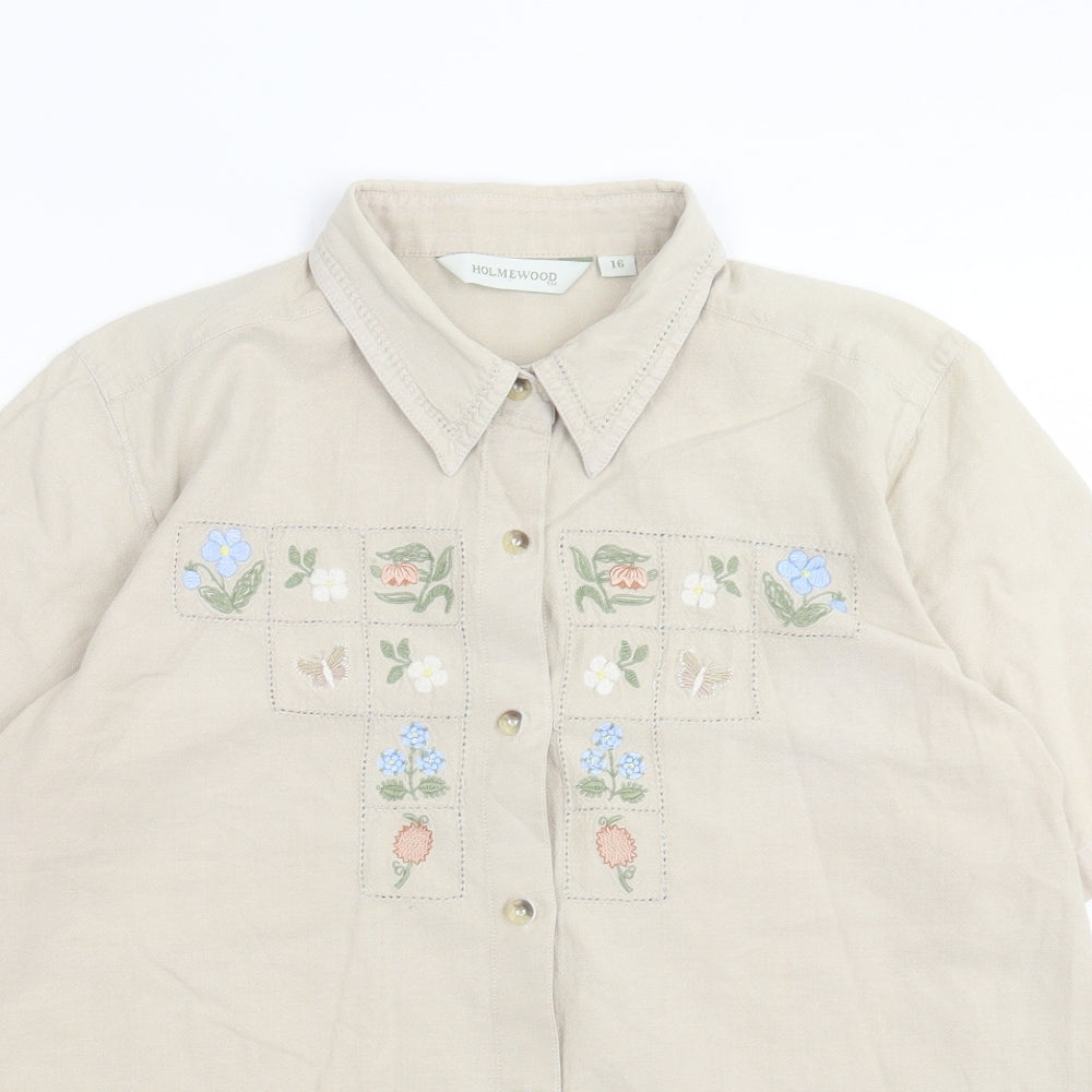 Holmewood Womens Beige Floral Cotton Basic Button-Up Size 16 Collared