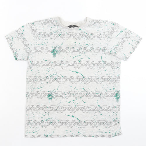 George Boys Grey Geometric Cotton Basic T-Shirt Size 9-10 Years Crew Neck Pullover - Games Console Print