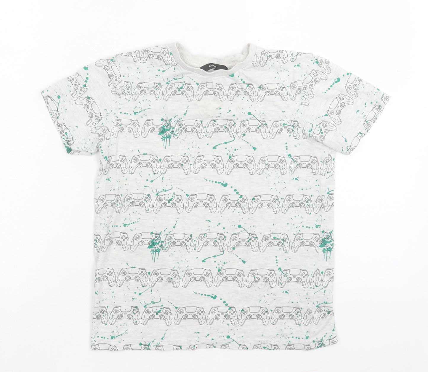 George Boys Grey Geometric Cotton Basic T-Shirt Size 9-10 Years Crew Neck Pullover - Games Console Print