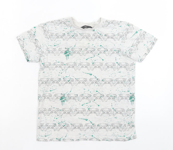 George Boys Grey Geometric Cotton Basic T-Shirt Size 9-10 Years Crew Neck Pullover - Games Console Print