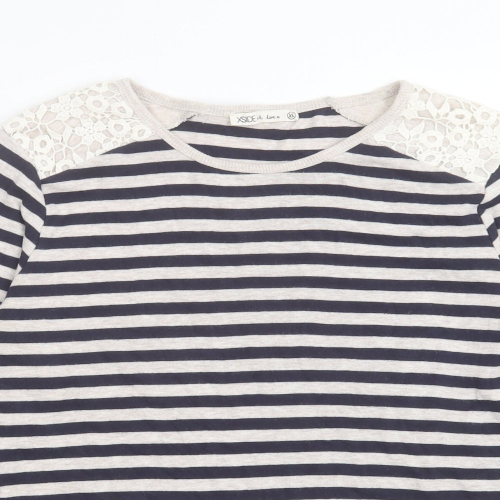 XSide Womens Blue Striped Cotton Basic T-Shirt Size XL Crew Neck