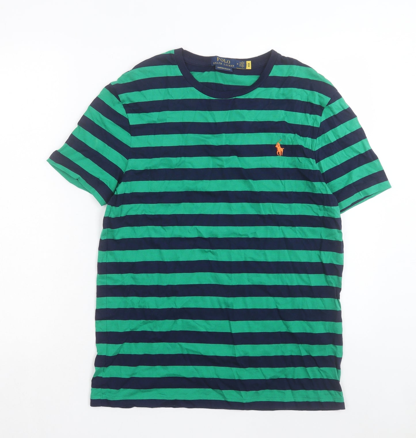 Ralph Lauren Mens Green Striped Cotton T-Shirt Size M Crew Neck