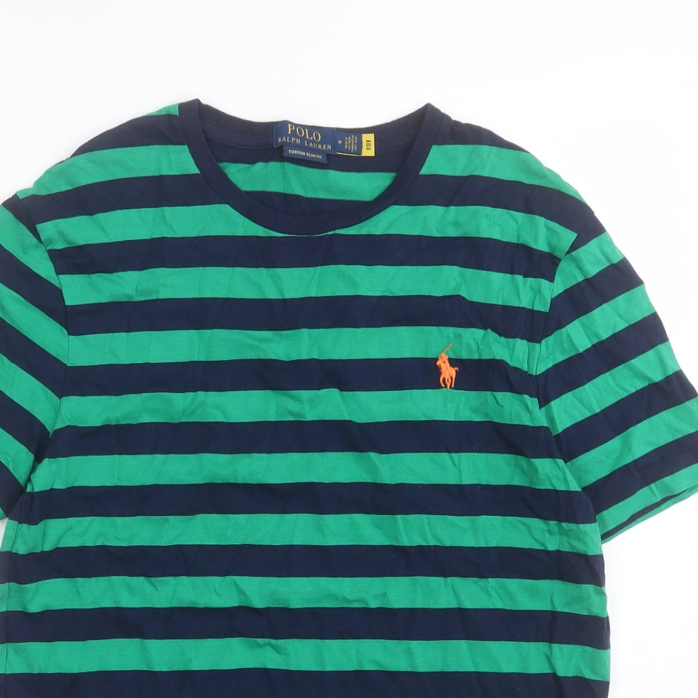 Ralph Lauren Mens Green Striped Cotton T-Shirt Size M Crew Neck