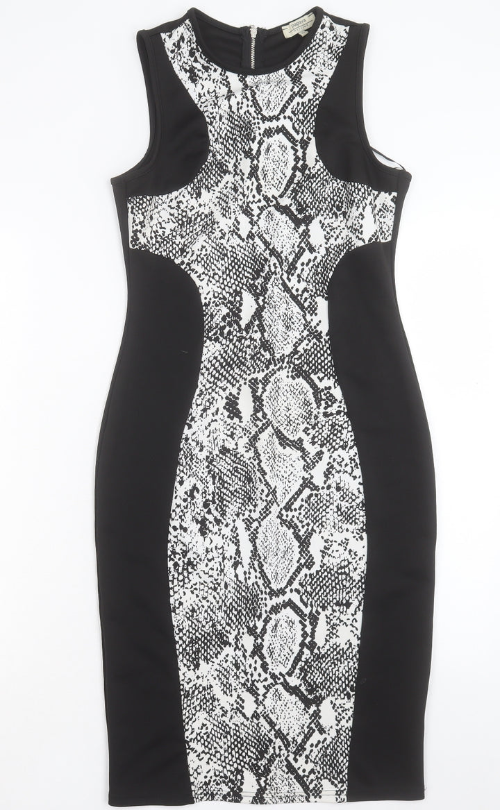 Papaya Womens Black Animal Print Polyester Bodycon Size 10 Crew Neck Zip