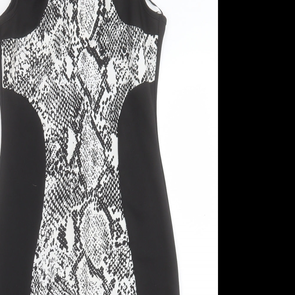 Papaya Womens Black Animal Print Polyester Bodycon Size 10 Crew Neck Zip
