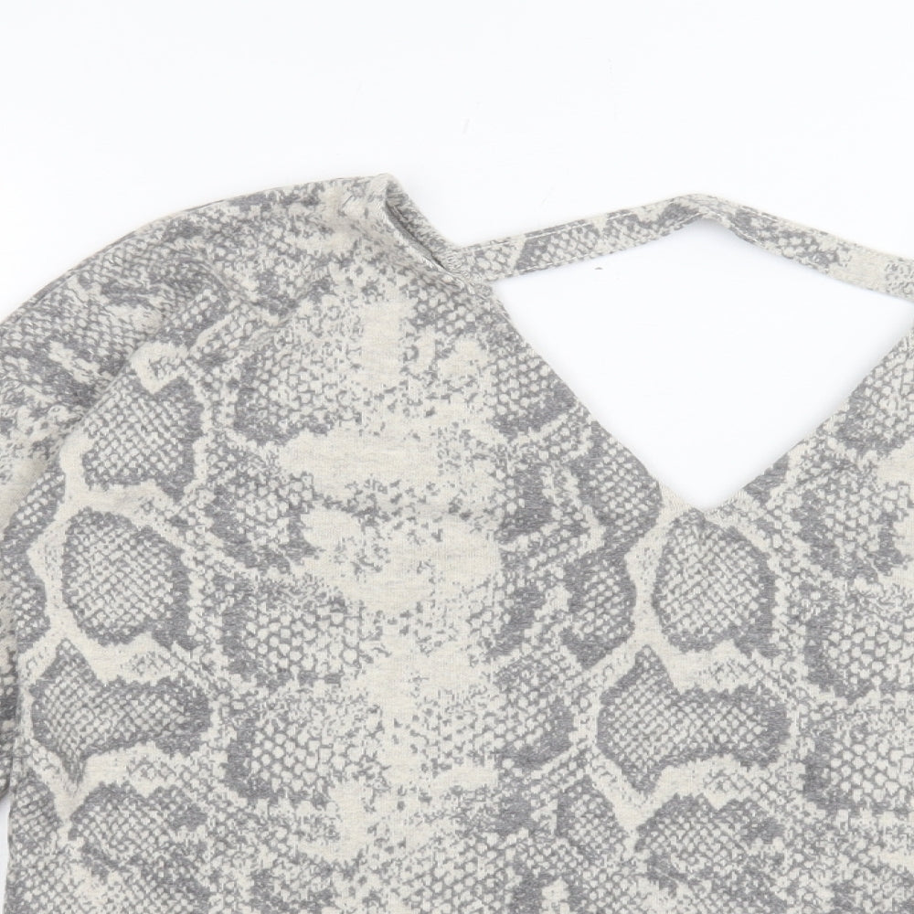 NEXT Womens Grey V-Neck Animal Print Polyester Pullover Jumper Size 10