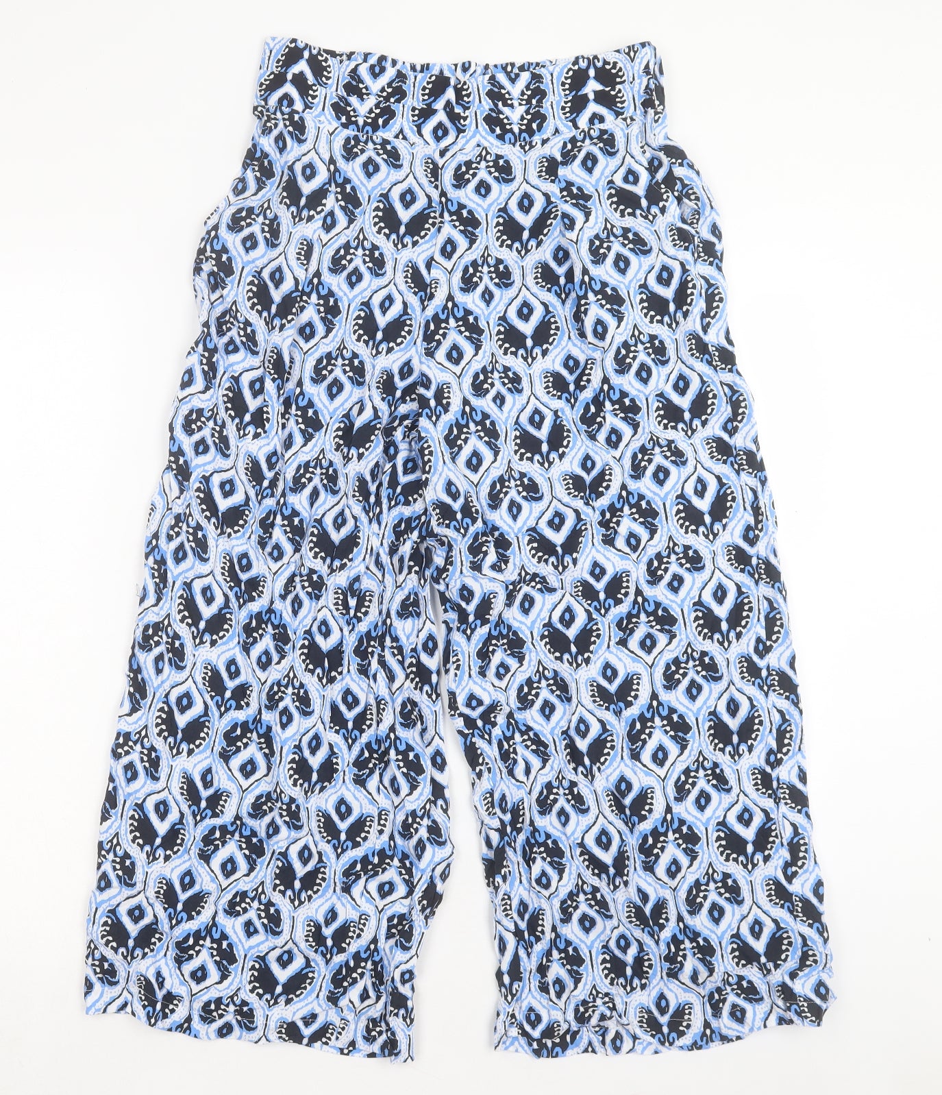 Marks and Spencer Womens Blue Geometric Viscose Cropped Trousers Size 8 L22 in Regular