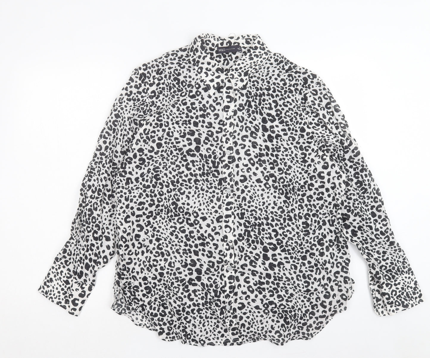Marks and Spencer Womens White Animal Print Cotton Basic Button-Up Size 16 Collared