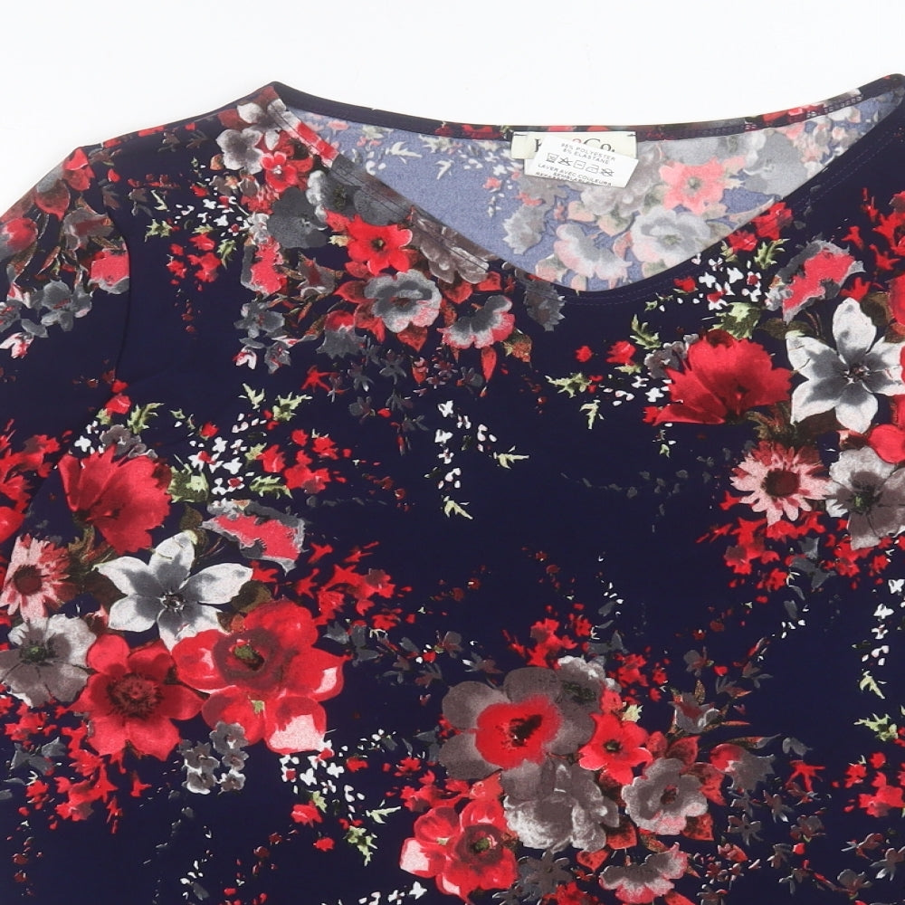 Kim&Co Womens Blue Floral Polyester Basic T-Shirt Size L V-Neck
