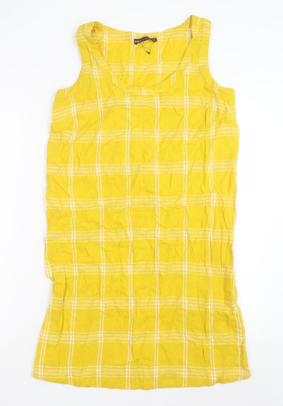 Marks and Spencer Womens Yellow Plaid Cotton A-Line Size 8 Scoop Neck Pullover