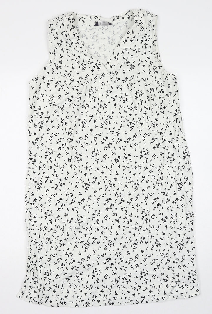 Marks and Spencer Womens White Geometric Flax Shift Size 12 V-Neck Pullover