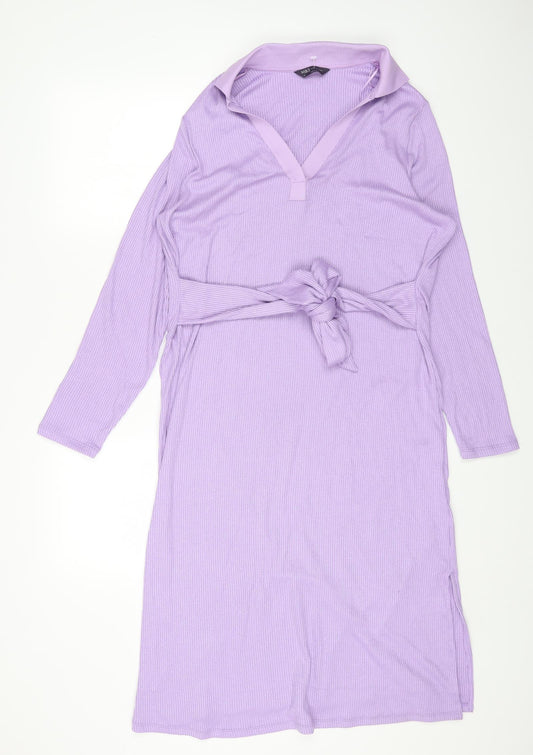 Marks and Spencer Womens Purple Viscose Shirt Dress Size 16 Collared Tie - Ribbed