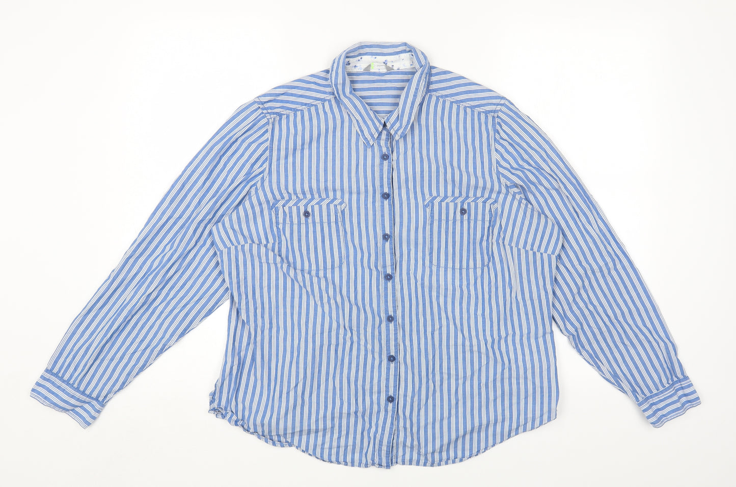 Marks and Spencer Womens Blue Striped Cotton Basic Button-Up Size 18 Collared